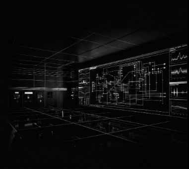 A dark control room with glowing circuit schematics and signal readouts on wall-mounted screens